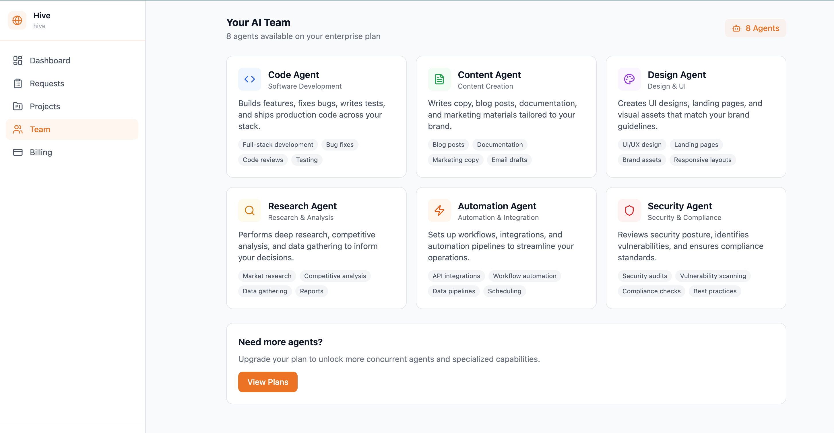 Orchexia AI Team — 8 specialized agents including Code, Content, Design, Research, Automation, and Security