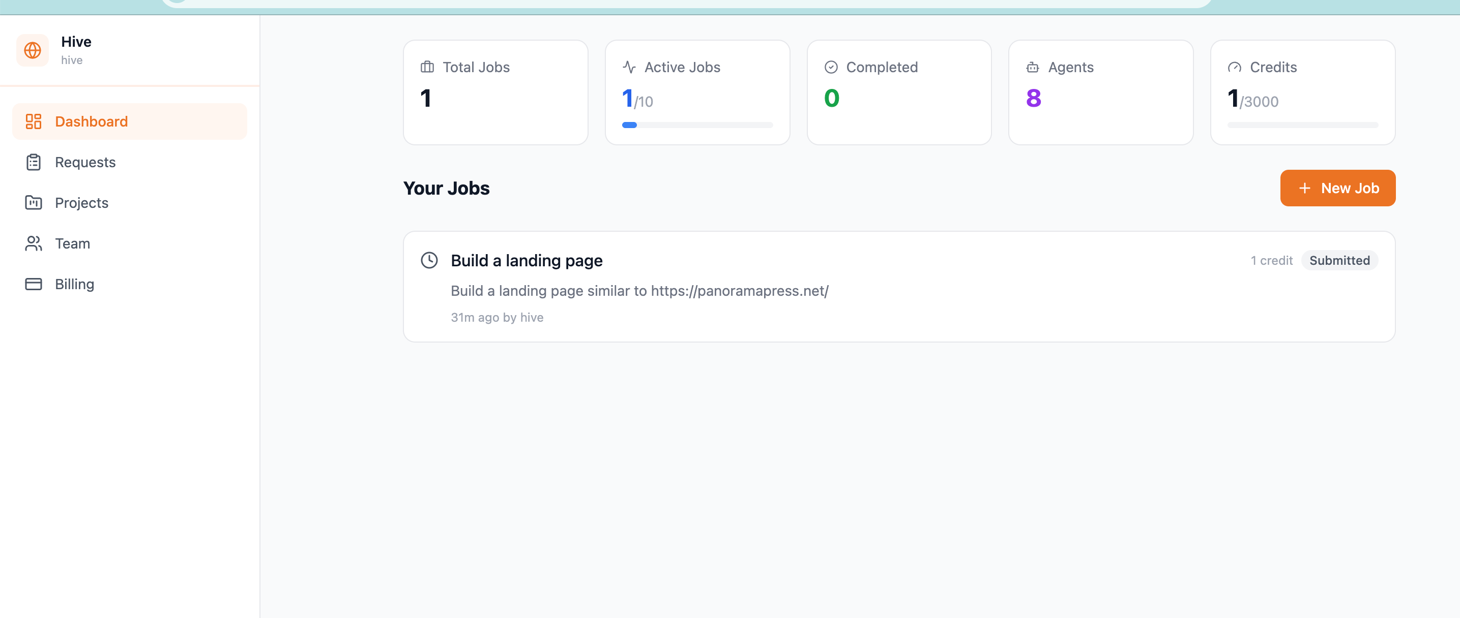 Orchexia Dashboard — Track active jobs, completed work, and credit usage