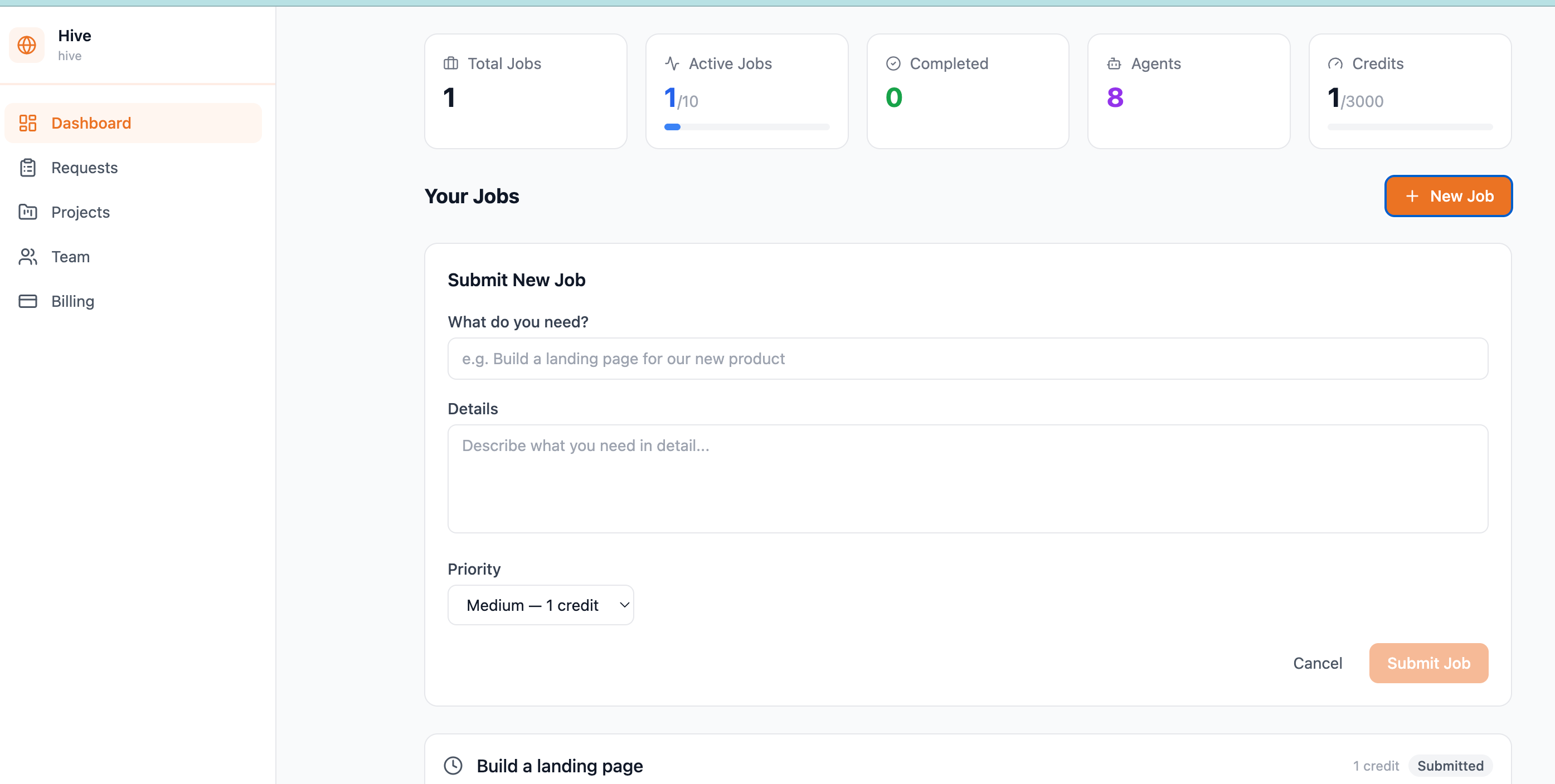 Orchexia Dashboard — Submit new AI jobs with priority and details