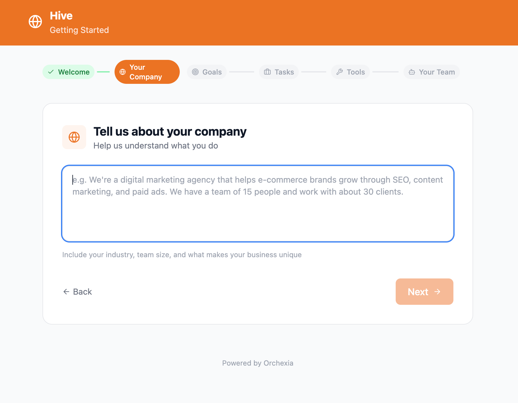 Orchexia Onboarding — Company description input