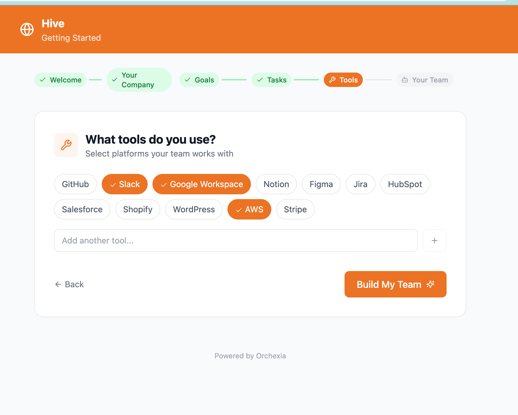 Orchexia Onboarding — Select team tools and integrations