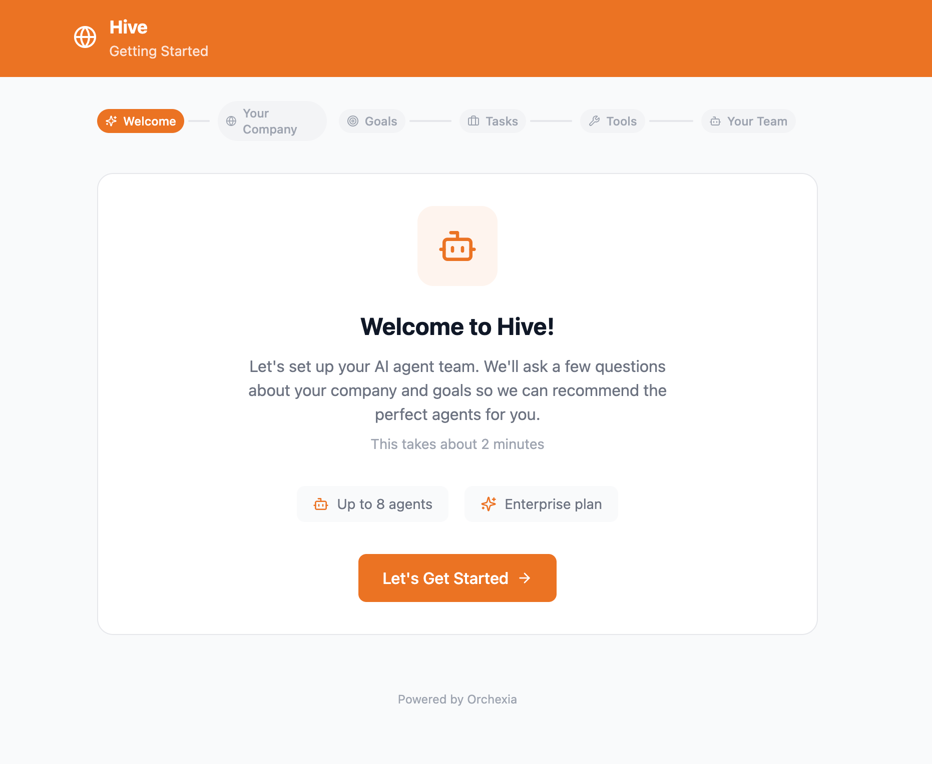 Orchexia Onboarding — Welcome screen with AI team setup